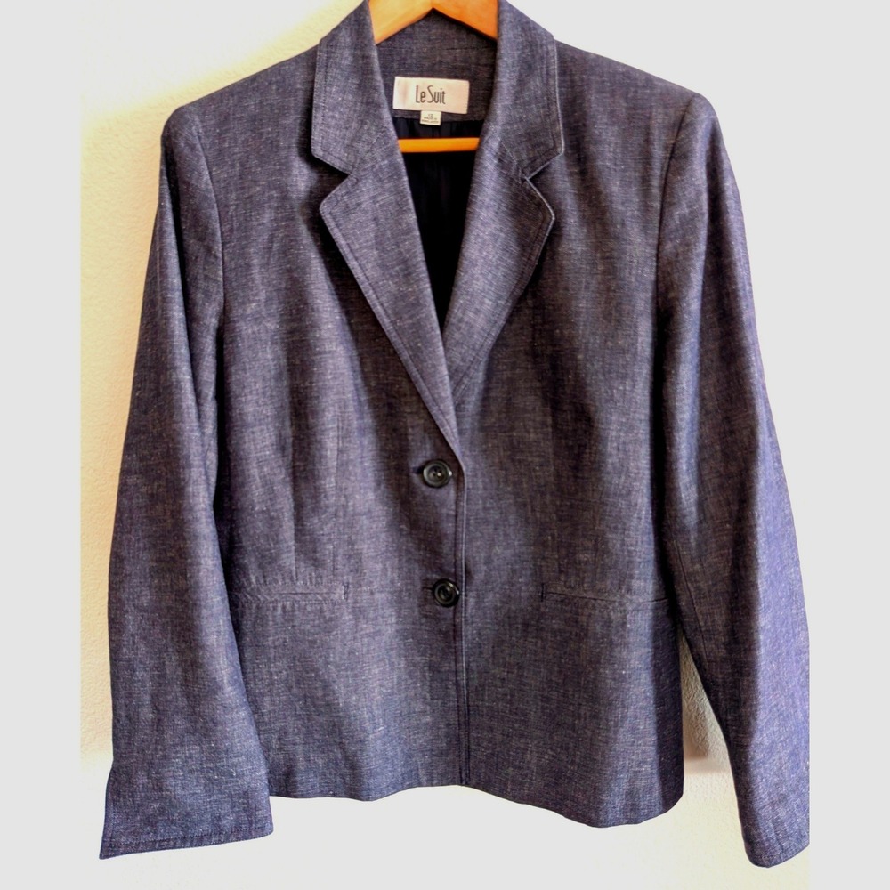Le Suit Womens Navy Blue Cotton Linen Blend Two Button Blazer Jacket Size 12